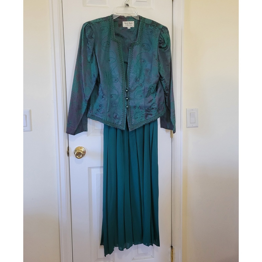 Vintage Nah Nah Collection Teal Green‎ Jacquard Jacket & Pleated Maxi Dress 14
